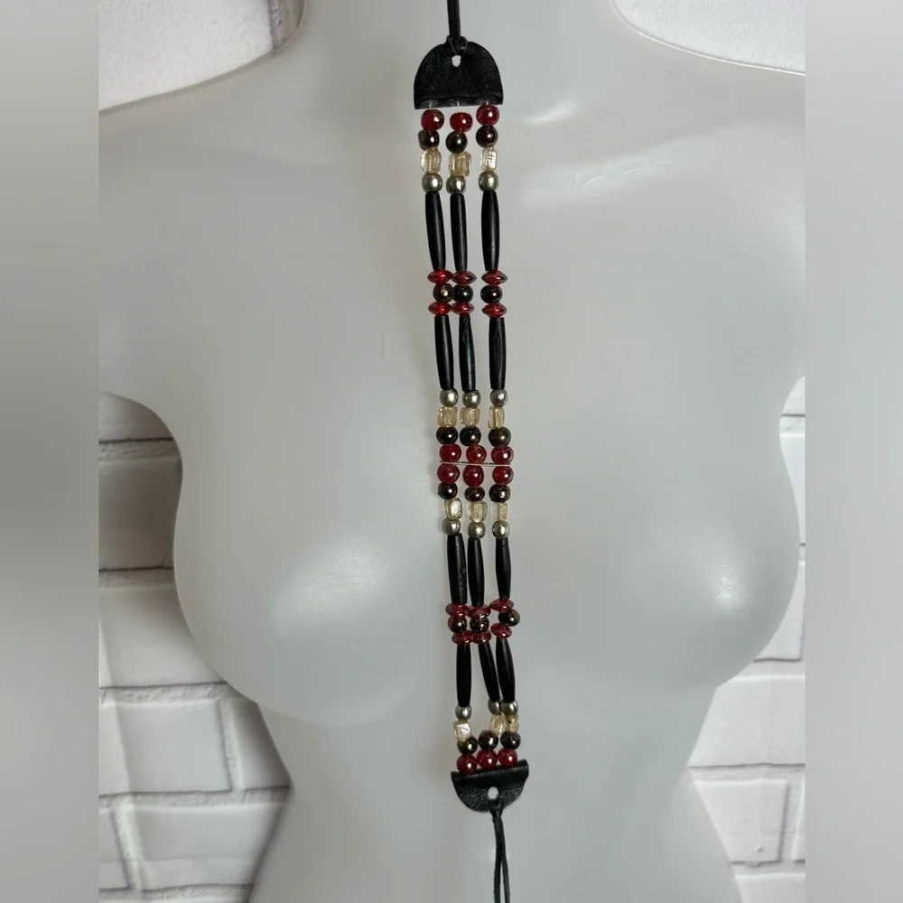 Vintage Handmade Beaded Multi- Strand Choker Necklace - Red, Gold & Black